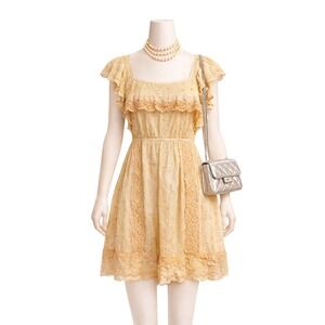 LoveShackFancy Yellow Lace-Trim Mini Dress Cottagecore Flutter Sleeve S‎ boho
